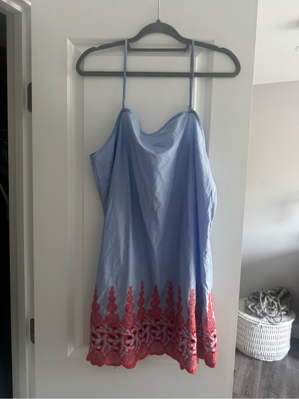 Anthropologie Light Blue Slip Dress with Coral Embroidered Hem